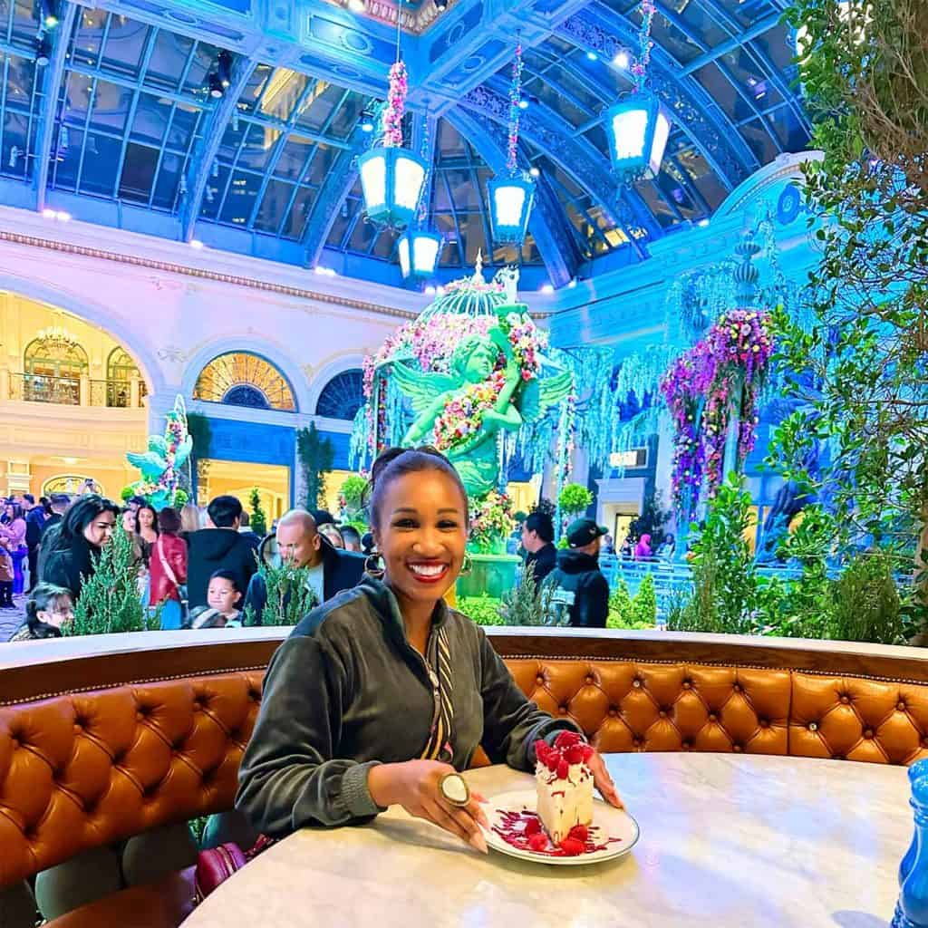 Shaunda Necole enjoying dessert at Bellagio Las Vegas showcasing luxury dining and travel experiences on the Strip